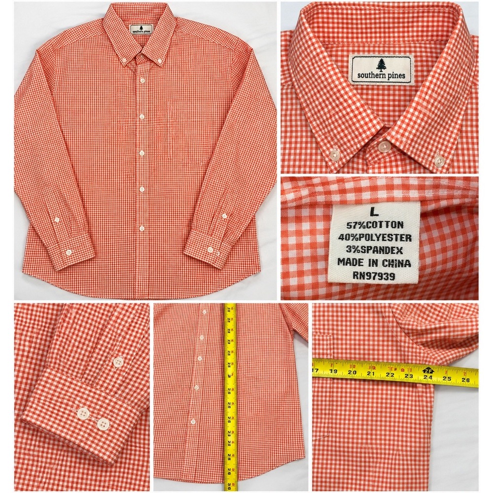 Southern Pines Mens Large Orange Gingham Button Down Long Sleeve Shirt Stretch